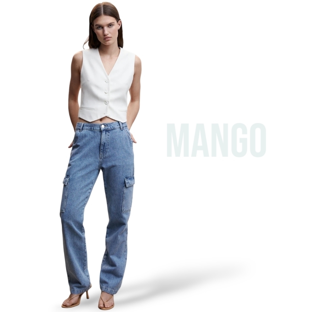 Mango Cargo Jeans Straight Leg Denim Medium Blue Size 4